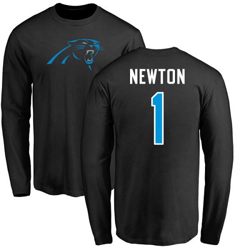 Carolina Panthers Men Black Cam Newton Name and Number Logo NFL Football #1 Long Sleeve T Shirt